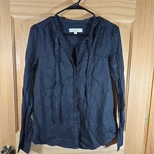 Ann Taylor Loft Womens Button Up Tie Medium Long Sleeve Cotton Shirt Black Light